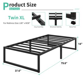 Lutown-Teen 14 Inch Twin XL Bed Frames Heavy Duty Sturdy Metal Platform Bed Frame No Box Spring Needed, Noise Free, Easy Assembly, Black