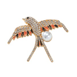 Rhinestone Swallow Bird Brooch Pin for Women Unisex Gold Plated Fashion Crystals Enamel Shell Pearl Brooches Lapel Pins Elegant Animal Dress Accessories Spring Holiday Jewelry Gift (Orange Black)