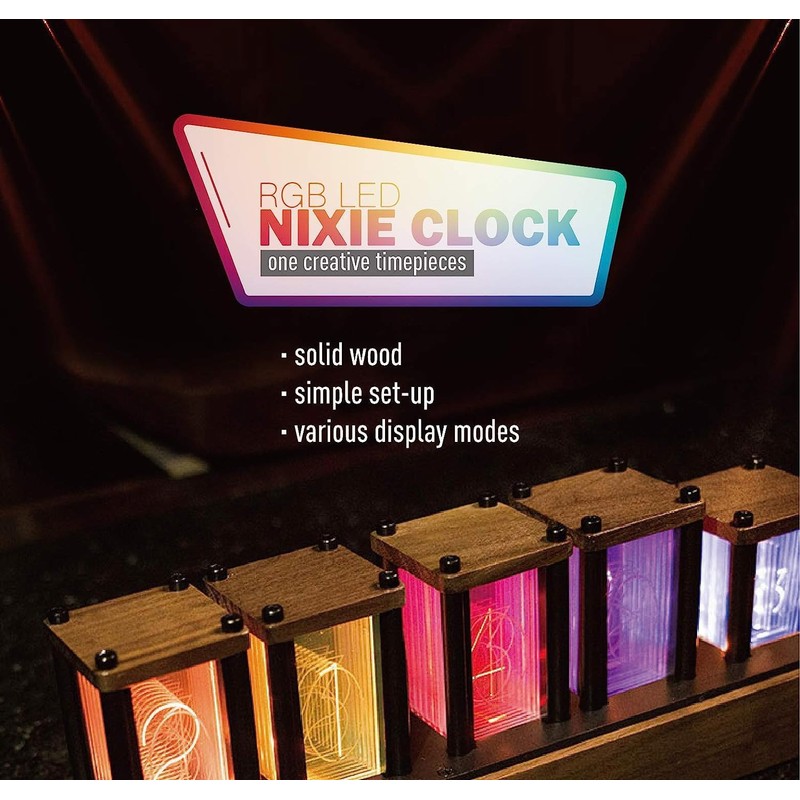 Adventurers Nixie Tube Clock,Walnut Wood RGB Digital Clock,Retro Modern Desktop