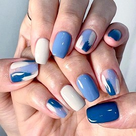 Extra Short Press on Nails Coffin Fake Nails Navy Blue and Blue Full Cover Acrylic Nails Press ons Irregular Pattern Glue on Nails Glossy Artificial Stick on Nails for Women 24Pcs
