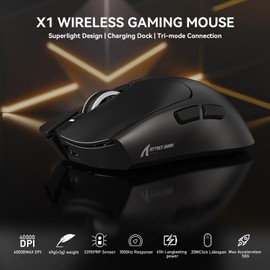 MAMBASNAKE x ATTACK SHARK X1 Lightweight FPS Gaming Mouse with Charging Dock, 49g SUPERLIGHT, PAW3395 PRO Sensor 40K DPI, 1000Hz Polling Rate, BT/2.4G Wireless/Wired Office Mice for PC/Mac-Black