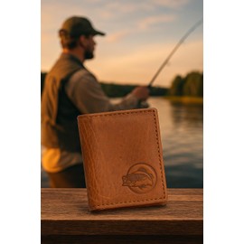 MARSHAL Genuine Leather RFID Blocking Bass Fish Wallet for Men – Bifold & Trifold Fishing Wallets with Debossing Design (Trifold Brown)