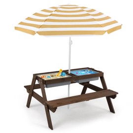 KOTEK Kids Picnic Table, 4 in 1 Sand and Water Tables w/Detachable Tabletop, 2 Removable Play Boxes, Foldable & Height Adjustable Umbrella, Wood Sensory Table and Bench for Outdoors, Indoors (Brown)