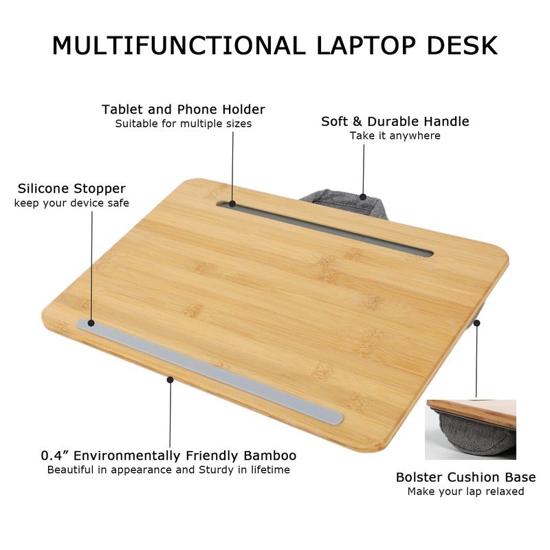 SUMISKY Portable Laptop Desk with Cushion and Phone Holder Bamboo
