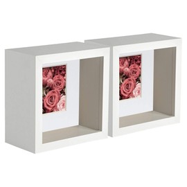Nicola Spring 2 Piece 4 x 4 3D Shadow Deep Box Photo Frame Set - Craft Display Picture Frame with 2 x 2 Mount - White
