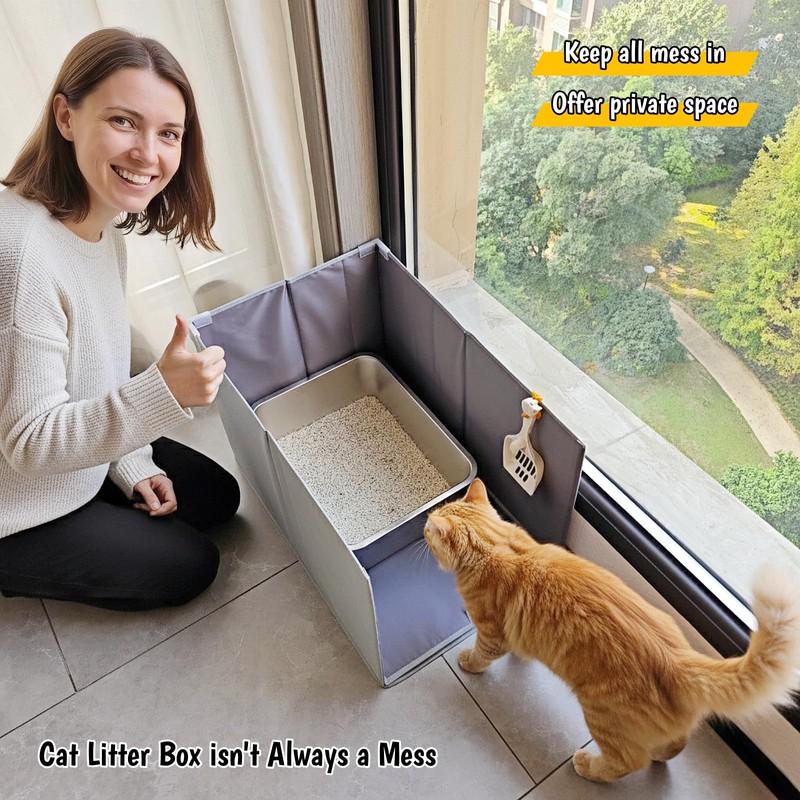 GesomePurrz Less-Mess Cat Litter Box Enclosure, Open Top High Side,