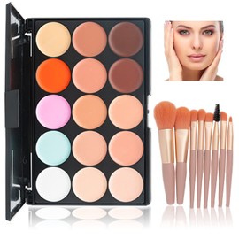 WishesMar Concealer Palette Colour Corrector Dark Circles Fit You Make Up Camouflage Concealer 15 Shades Colour with 8 Sticks Makeup Brush for Daily and Professional Make-Up #C