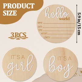 Ptwola 3PCS Newborn Announcement Sign, 5.9in Its a Boy Its a Girl Hello World Wooden Sign Round Gender Reveal Welcome Sign Nursery Birth Baby Name Plaques for Hospital Boys Girls Photo Props Keepsakes