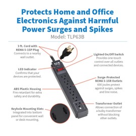 Eaton Tripp Lite Series 6-Outlet Surge Protector Power Strip, 3ft Extension Cord, 600 Joules, 15A Circuit Breaker, Black, Lifetime Manufacturer's Warranty & $10,000 Insurance (TLP63B)