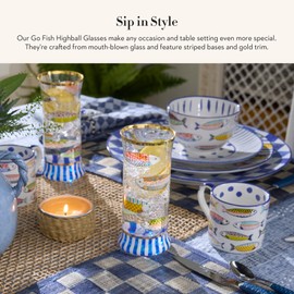 MACKENZIE-CHILDS Highball Glasses, Tall Drinking Glasses with Gold Rims, 15 Ounces, Set of 2, Go Fish