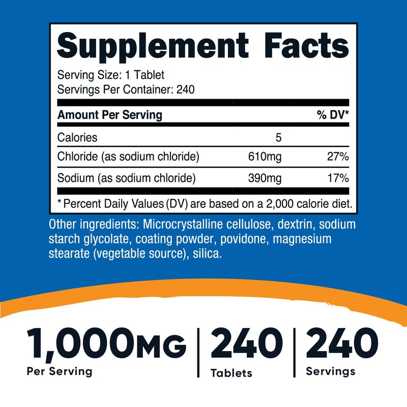 Nutricost Sodium Chloride 1000mg, 240 Tablets - Salt Tablets, Non-GMO,