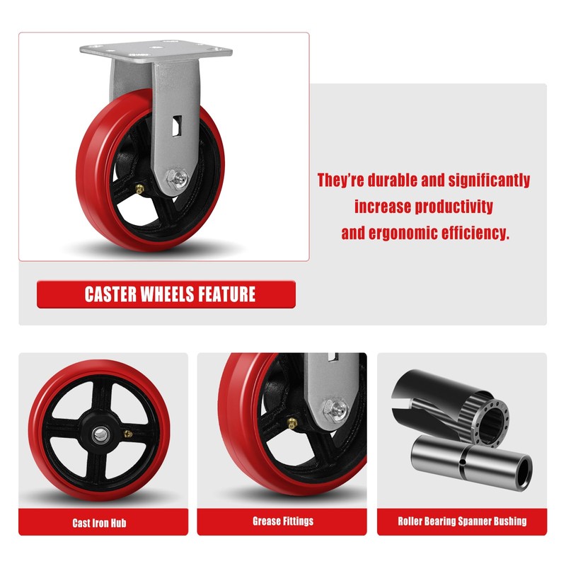CWfutureparts 6"X2" Heavy Duty Industrial Casters,Crowned Polyurethane Tread Cast Iron