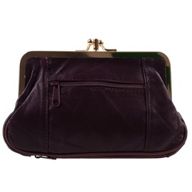 Oakridge Leather Ladies Double Clasp Coin Purse with Space for Credit Card -Black Cherry