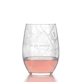Well Told Engraved Rio de Janeiro Brazil Map Stemless Wine Glass - Etched City Map Wine Glass Gift for Wine Lovers (15 oz, Clear)