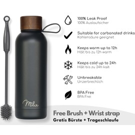 Milu Thermos Flask, 500 ml, 750 ml, 1 Litre, Insulated Stainless Steel, Leak-Proof Insulated Flask, Double-Walled, Suitable for Carbonated Drinks, Includes Cleaning Brush (Olive Green, 500 ml)