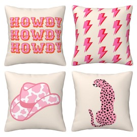 Preppy Throw Pillows Covers Set of 4 Pink Leopard Cowboy Hat Pillow Case Aesthetic Cushion Cover Preppy Stuff for College Dorm Living Room Couch Sofa Bedroom Car Home Decor 18"X18"