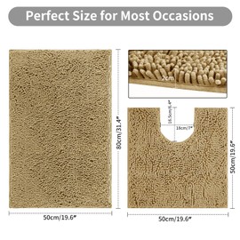 LUSCHEER 2 Piece Bath Mat Set, Luxury Chenille Ultra Soft Plush Non Slip Rug and Toilet Mat, Water Absorbent Machine Washable for Bathroom Floor (Khaki, 80 x 50 cm + U Shaped 50 x 50 cm)
