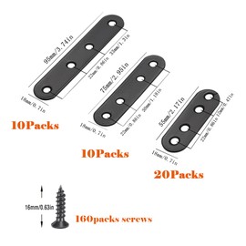 Ymaiss 200Pcs 3 Sizes Flat Straight Brace Bracket Metal Joining Plates Connector Repair Bracket Sturdy Braces Flat Metal Brace Shelf Support Brackets with Screws in Black