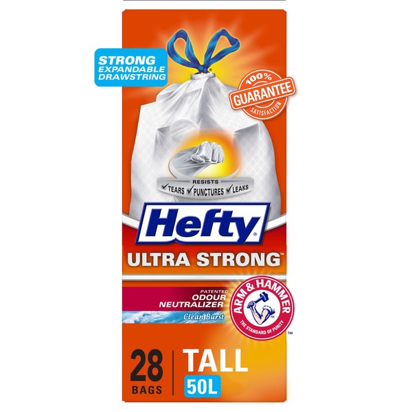 Hefty® Garbage Bags, Ultra Strong Tall 50 Litres White Kitchen, Drawstring, Arm & Hammer odour neutralizer, 28 Bags