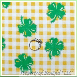 Signature BonEful FABRIC FQ Cotton Quilt VTG Green Shamrock Leaf Clover Gold Gingham Check