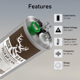 Buck 70+5uF 70/5 MFD ±6% CBB65B Dual Run Round Start Capacitor - Ideal for HVAC Systems, Air Conditioner Unit Fan Motor Start, Heat Pump, & Condenser Straight Cool Applications 370/440VAC 50/60Hz