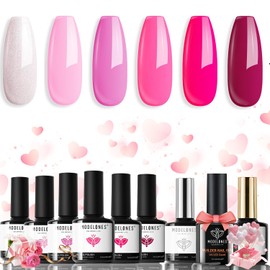 modelones Pink Gel Nail Polish Set 6 Colors, 9PCS Pink Rose Red Summer Gel Polish Kit with 7 in ONE Builder Nail Gel & Base Top Coat Nail Strengthener Extension Manicure Kit Gift for Women