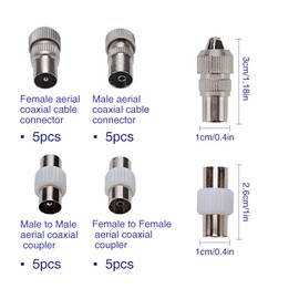 VooGenzek 5 Sets Aerial Connectors, 5 × Female & 5 × Male TV Aerial Coaxial Cable Connectors Adaptor, Cable RF TV Aerial Connector Plug, Male to Male/Female to Female Coaxial Coupler, Silver