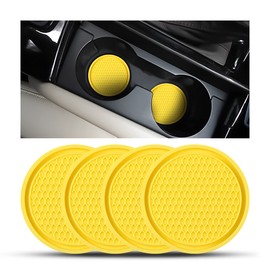 CGEAMDY Pack of 4 Car Coasters, Car Drink Holder Insert, Diameter PVC Thickened Black Car Coasters, Non-Slip Car Coasters for Coffee Cups (Yellow)