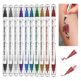 Barlone Temporary Tattoo Pens for Children, 10 Colours, Tattoo Pens, Children, Double Tip Tattoo Pens, Waterproof Glitter Tattoo Markers for Skin, for Adults and Children, Body Painting
