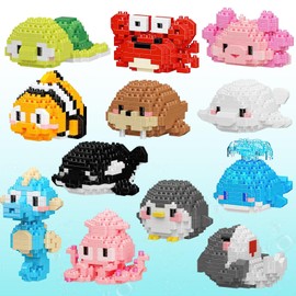 KDXBQ Party Favors, 12 Packs Mini Marine Animals Micro Building Blocks Set, Classroom Prizes, Goodie Bags, STEM Toys, Birthday Gift for Young One Ages 8-14+