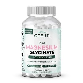 Organics Ocean Pure Magnesium Glycinate with Zinc - Maximum Strength Chelated Magnesium Supplement for Women and Men for Muscle Cramps and Sleep Support - 90 Capsule
