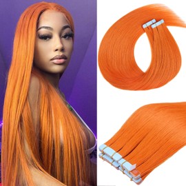 Mscat Tape in Hair Extensions 50% Remy Human Hair Mixed 22 Inch 20Pcs 50g/pack Orange Auburn Invisible Straight Hair Extensions Tape in(22Inch #1002F Orange)