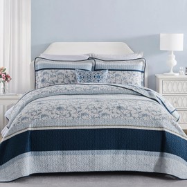 SOElinens Quilt King Size - Navy/Blue Quilt Set with Matching Shams, Vintage Floral Design Farmhouse Bedding Bedspread, 3 Pieces 100% Cotton Lightweight Coverlet Home Decor for All Season