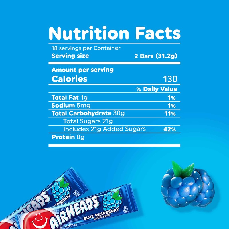 Airheads Candy, Blue Raspberry Flavor, Individually Wrapped Full Size Bars,