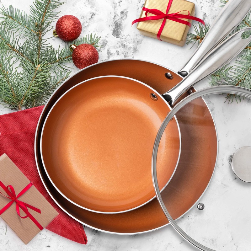 MICHELANGELO Copper Frying Pan Set with Lid, 8" & 10"