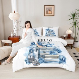 Erosebridal Girly Blue Comforter King Size Silver Fashion Bedding Set Women Girls Teal Flower Perfume Duvet Insert High Heels Champagne Magazine Books Floral Bed Sets Paris Romantic Bedroom Decor