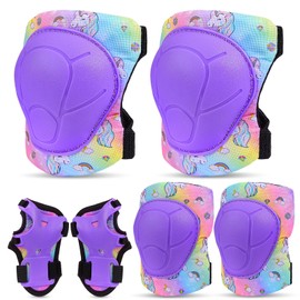 Unicorn Castle Children's Knee Pads Set Inline Skate Protectors 6-in-1 Protective Equipment Children's Elbow Pads Wrist Guards Protectors for 3-8 Years, Rainbow