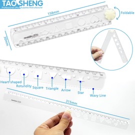 TAOSHENG 30-CM Foldable Plastic Ruler, Cute Clear Folding Geometric Stationary Straight Study Ruler for Students Kids Children Teens School Office Home Use, Transparent 1 Pack