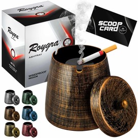 roygra Ashtray with Lid, Windproof Smokeless Metal Ashtray – Bronze, Medium Size (4.39 x 3.54 x 3.54’’)