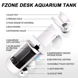 FZONE 1.2Gal Small Fish Tank with Plant Pot, All-in-one Desktop Aquarium Kit with Adjustable 4 Color Light Modes,20dB Filtration Pump,Detachable backdrop,Invisible Touch Switch, Office & Home Decor