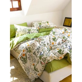 Houseri Green Floral Comforter Set Queen Yellow Small Flowers Botanical Bedding Sets Queen Teen Girls Women Rustic Green Leaves Boho Comforter Queen Size Farmhouse Bed Comforter Blanket Quilt Queen