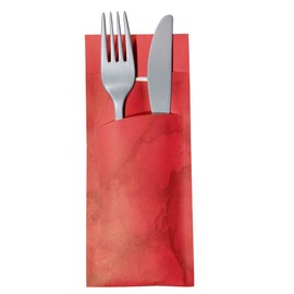 30 Cutlery Bags with Napkin Red Marbled 20 cm