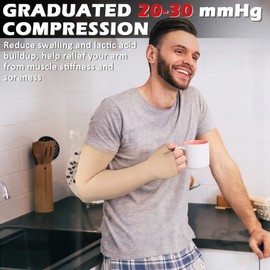 Ailaka Lymphedema Compression Arm Sleeve（Single） with Gauntlet for Men Women, 20-30 mmHg Medical Compression Arm Sleeve