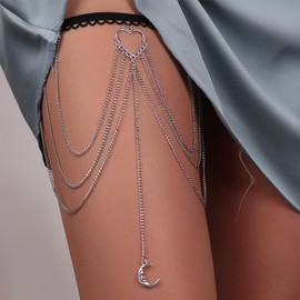 CABODYALS Silver Tassel Moon Heart Body Chain Crossover Boho Black Lace Layered Thigh Festival Rave Punk Goth Bikini Cross Summer Elastic Layer Leg Body Chain for Beach Parties Women Jewelry