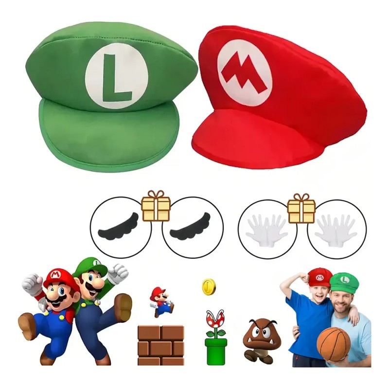 Kit Sombreros AC Mario Bros Luigi Adulto Infantil 6 Piezas