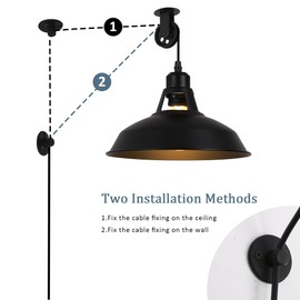 SUNLLOK Industrial Plug in Pendant Light Lift Pipe Pulley Ceiling Fixture - Retro Adjustable Height Hanging Lamp with Switch - Indoor Rustic Metal Chandelier for Living Room Restaurant (Black)