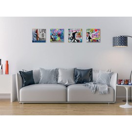 Biufo Banksy Canvas Wall Art Artwork Graffiti Street Print Pictures for Bedroom Living Room Wall Decor (12"x12"x4Pcs)