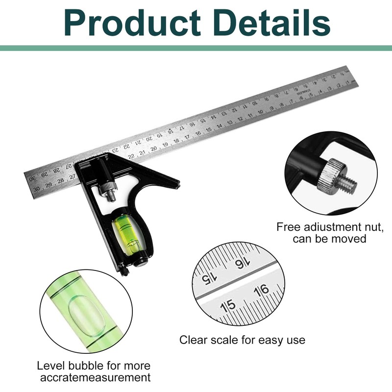 Square Carpentry Metal Set, 3Pcs Combination Square Tools with Bubble