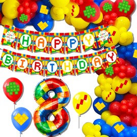 8th Birthday Decoration Building Blocks Themed Birthday Party Decorations Building Blocks Balloons Banner Colorful Themed Birthday Party Pack Supplies Number 8 Balloons