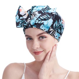 Shower Cap for Women - Waterproof Reusable Shower Adjustable Bow Bath Caps with Elastic Band for Ladies Girls Bathing Spa